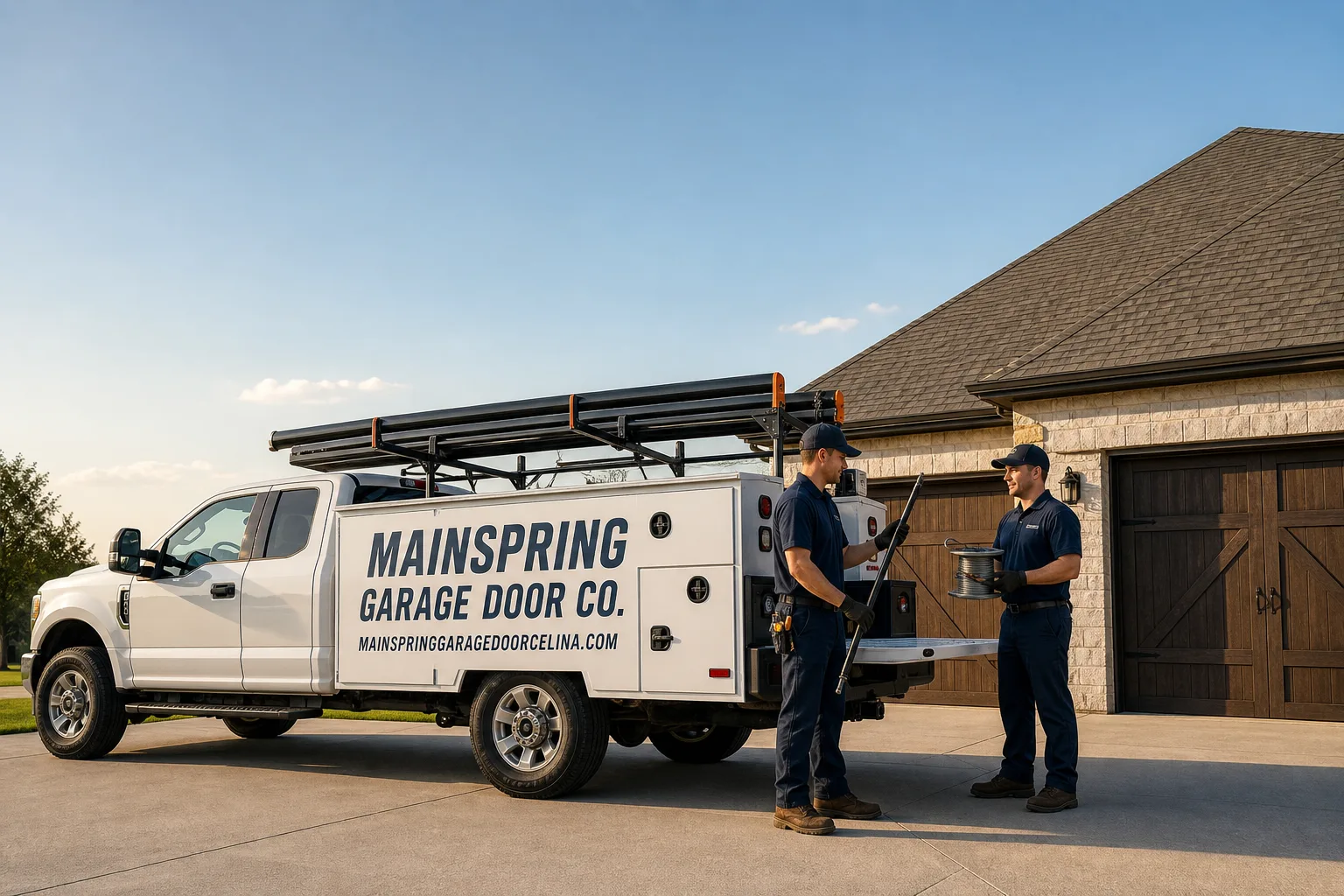 Mainspring Garage Door Co. garage door service vehicle and crew in Celina, TX